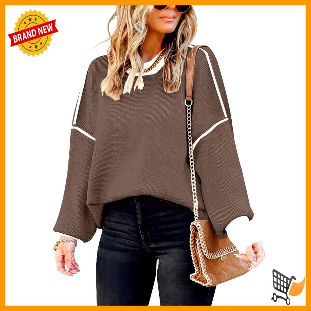 Oversized Batwing Sleeve Pullover Sweater Chunky Knit Colorblock Striped Tunic - Picture 1 of 7